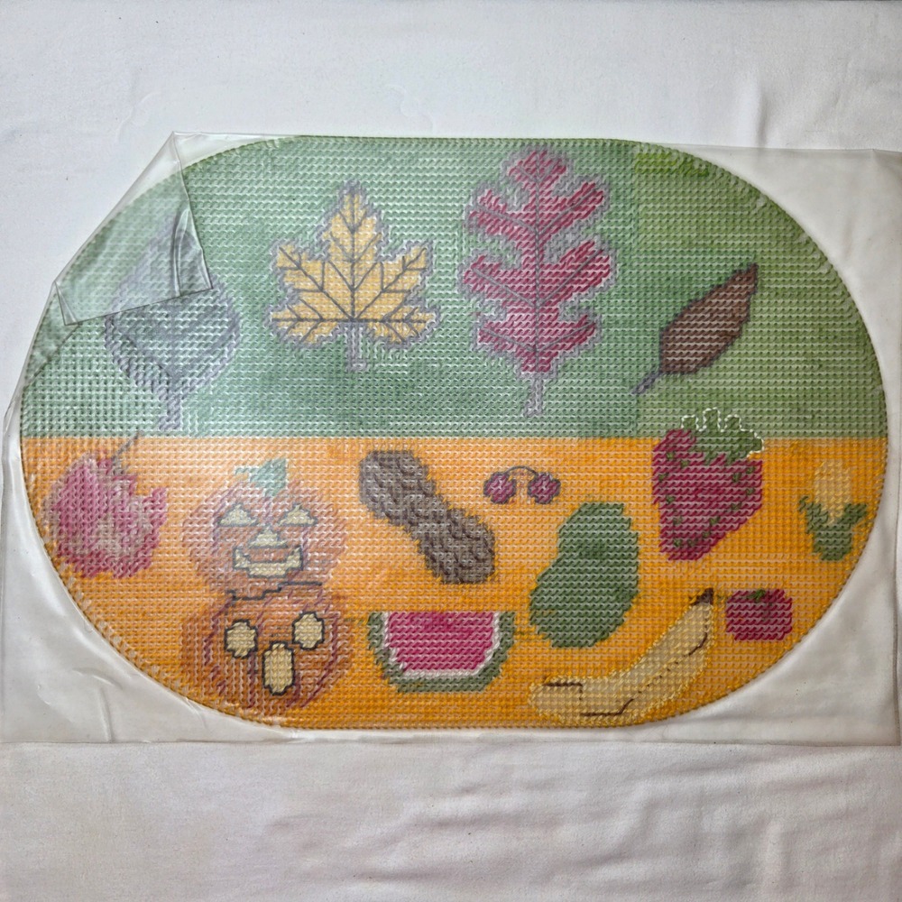 Vtg Handmade Needlepoint Placemat Fall Leaves Fruit Pumpkin Plastic Sealed